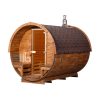 Seitenansicht einer Holzfass Sauna mit Holzofen und Glastüren – BUCI