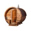 Wooden barrel sauna with open sitting space and glass door – BUCI