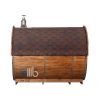 Side view of wooden barrel sauna with open sitting space – BUCI