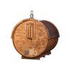 Rückansicht der Holzfass Sauna mit Holzofen – BUCI