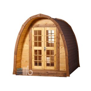 Side view of wooden camping pod – BUCI