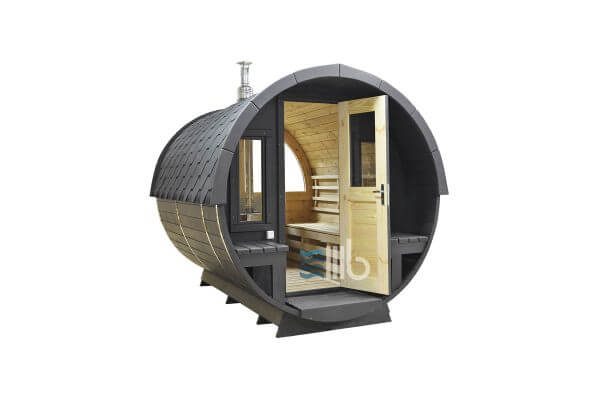 Schwarz Holzfass Sauna mit Holzofenr und Glastüren – BUCI